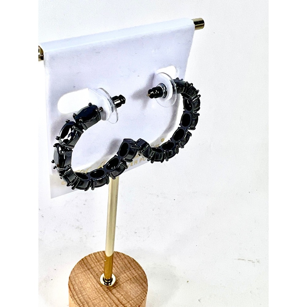 Fifth Avenue Collection Black Oval Stone Hoop Earrings Sterling Silver Post